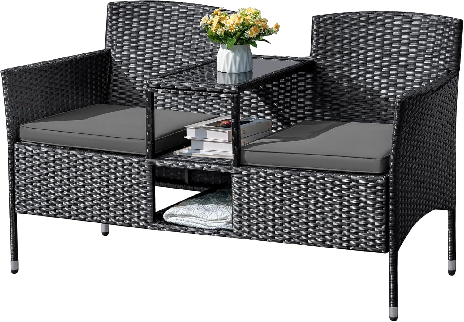 Outdoor Furniture Patio Loveseat Wicker 2-Seat with Built-in Table and Cushions Rattan Porch Chairs Bench for Balcony, Lawn, Backyard (Beige)