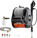 Pressure Washer Pro, Electric Wall Mount Power Washer with 100FT Retractable Pressure Hoses, 3300PSI, 1.6GPM, 4 Nozzles, Foam Cannon for Cars/Patios, Dark Silver