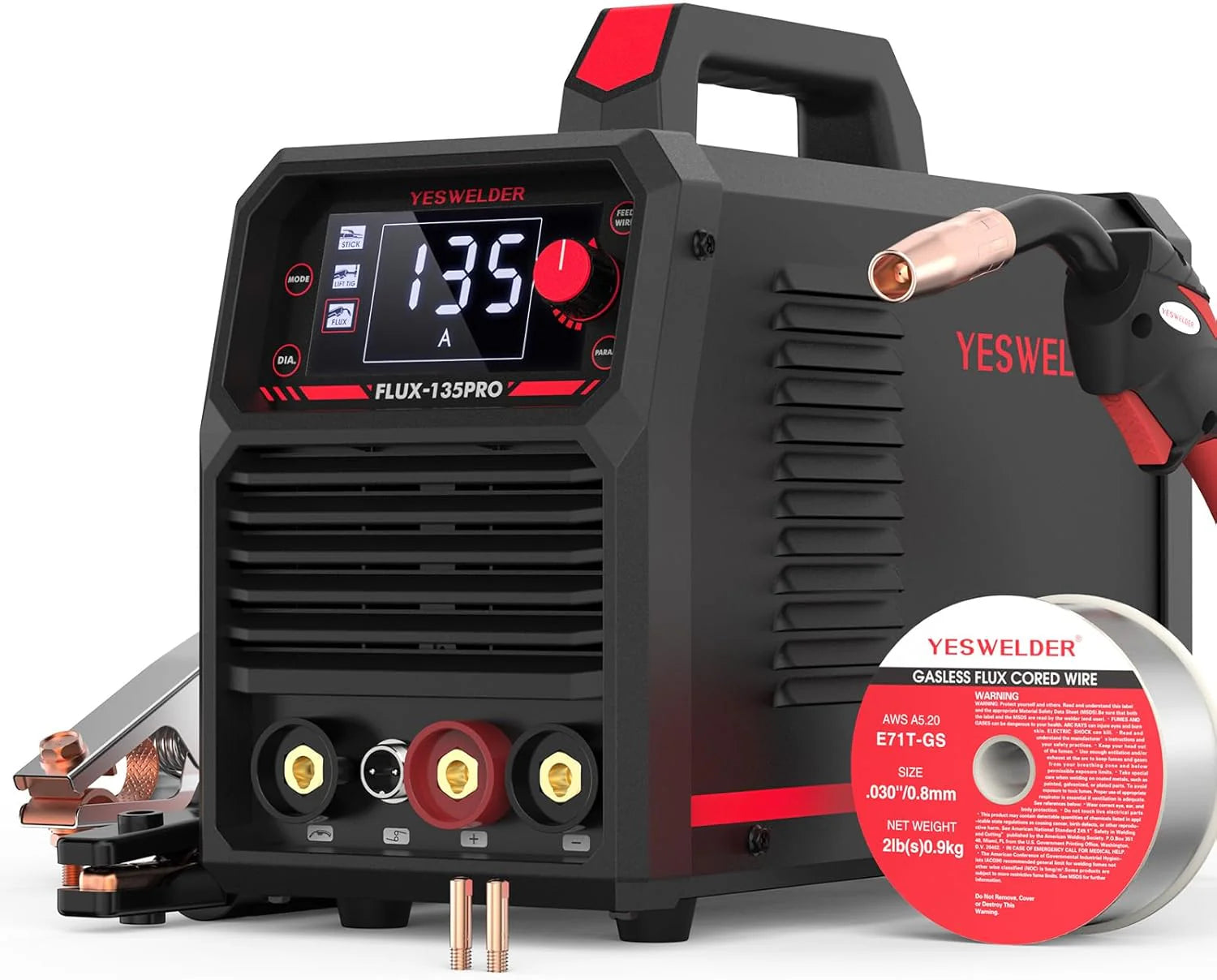 MIG Welder,110V Flux Core Welder Flux Core MIG/Lift TIG/Stick 3-in-1 Large LED Digital Display Welding Machine IGBT Inverter Welder FLUX-135PRO