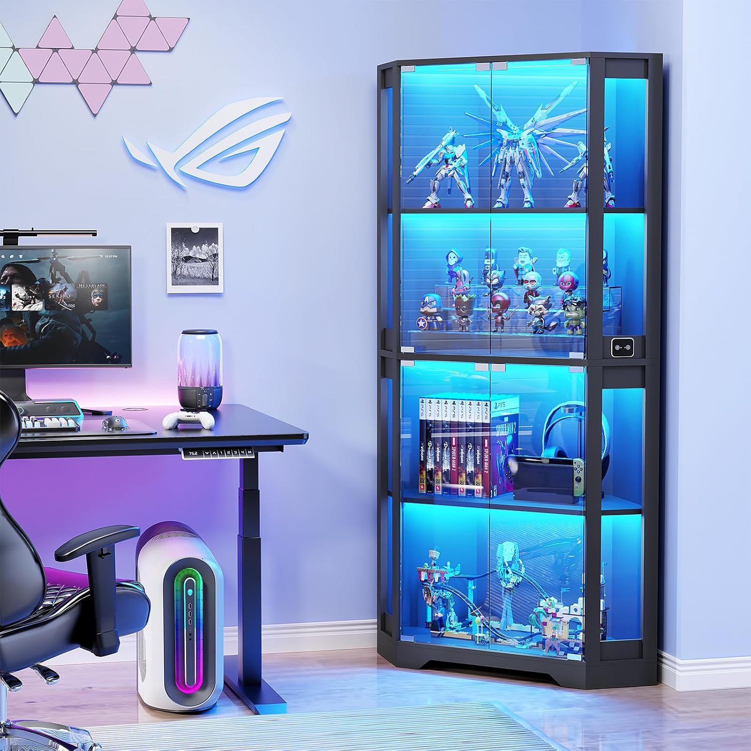 Corner Display Cabinet with Glass Doors, 65" Lighted Curio Cabinet with 3 Color Lights for Collectibles, 4-Tier Display Case Bookcase with Human Body Sensor for Toys, Books, Trophy, Black