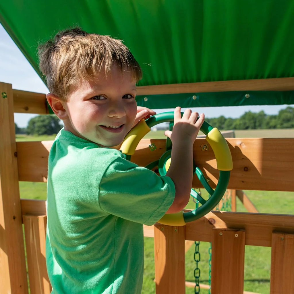 Mount Mckinley Cedar Wood Swing Set with Wave Slide, Play Deck, Double Rock Wall, Rope Ladder, Web Swing, Belt Swings, Toy Telescope, Steering Wheel, Sandbox Area, Outdoor Playset
