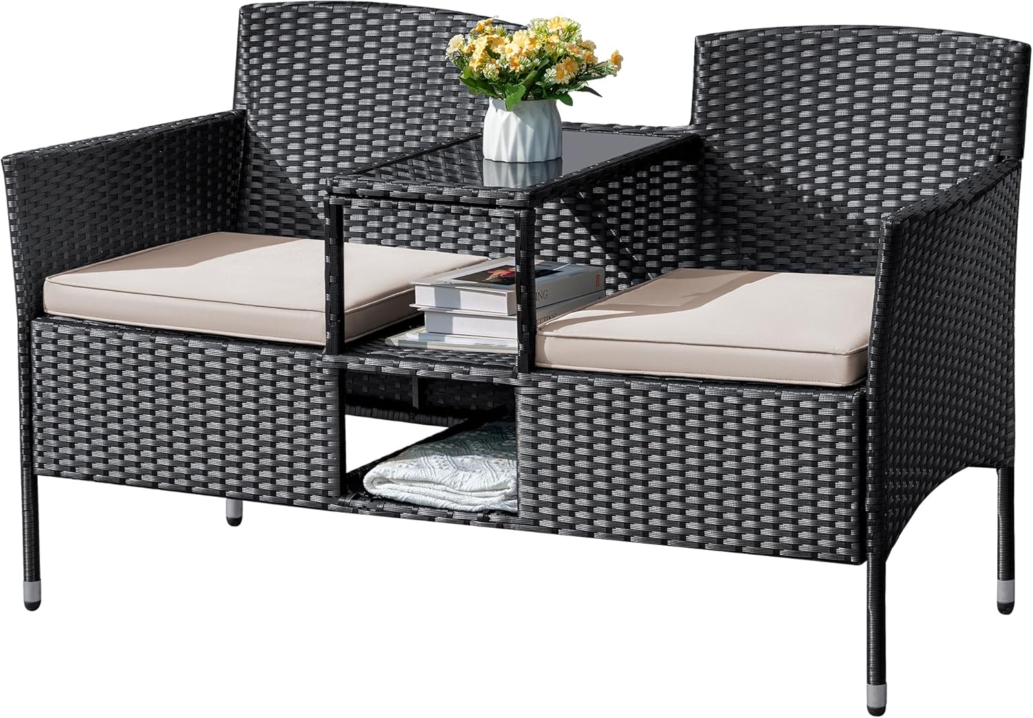 Outdoor Furniture Patio Loveseat Wicker 2-Seat with Built-in Table and Cushions Rattan Porch Chairs Bench for Balcony, Lawn, Backyard (Beige)