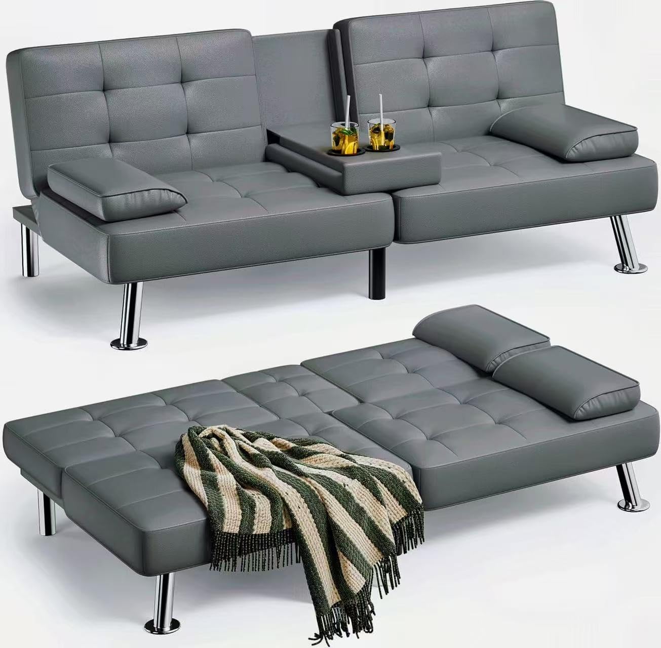 Futon Sofa Bed, Leather Futon Couch with Removable Armrests, Adjustable Recliner Sleeper Sofa Bed with Dual Cup Holders for Living Room, Apartment, Office (Black)