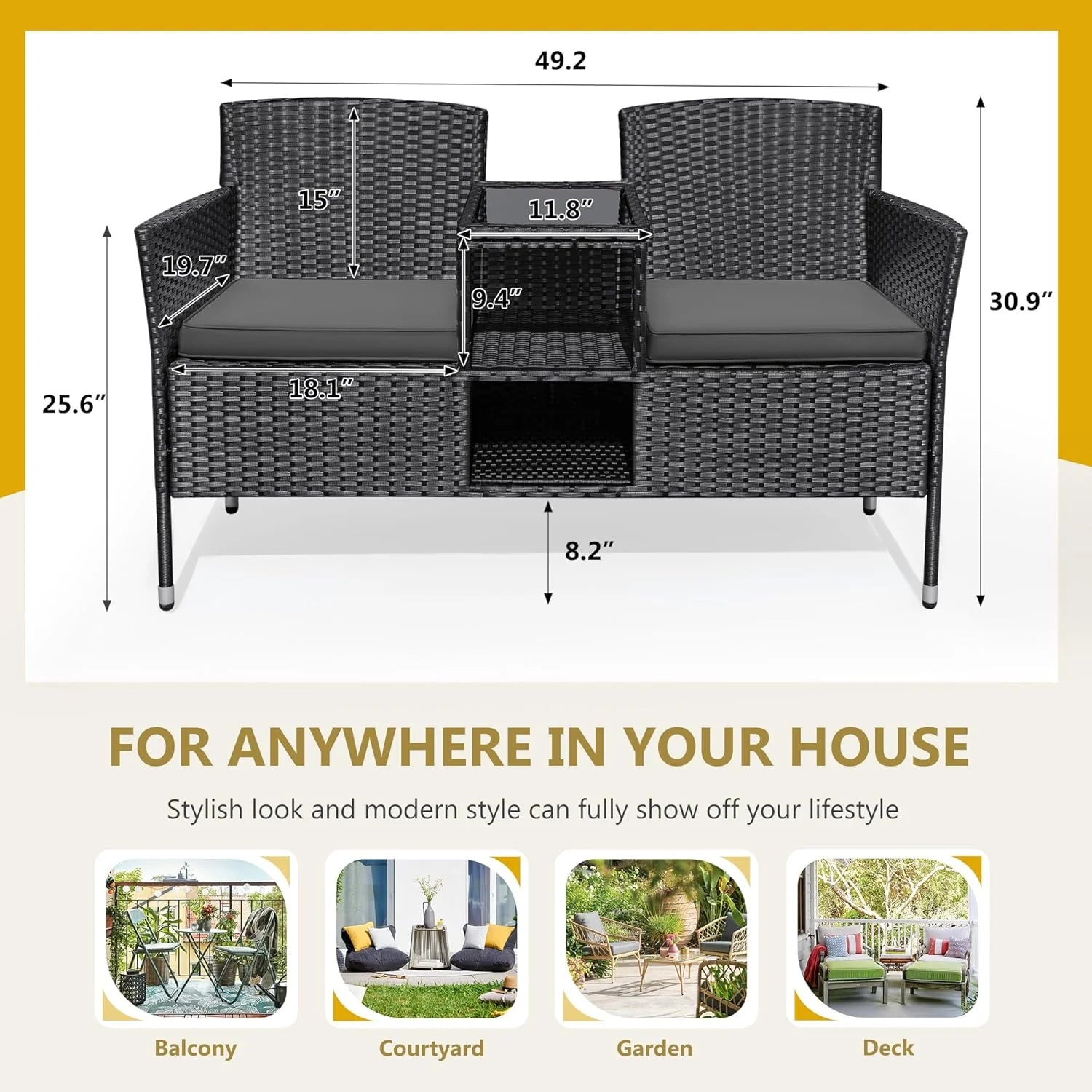 Outdoor Furniture Patio Loveseat Wicker 2-Seat with Built-in Table and Cushions Rattan Porch Chairs Bench for Balcony, Lawn, Backyard (Beige)