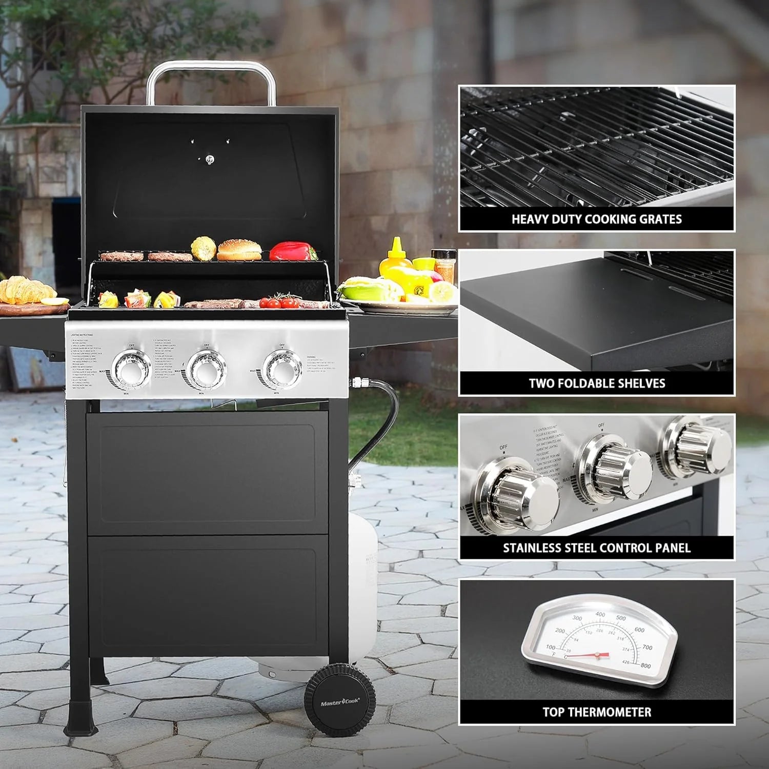 Burner BBQ Propane Gas Grill, Stainless Steel 30,000 BTU Patio Garden Barbecue Grill with Two Foldable Shelves