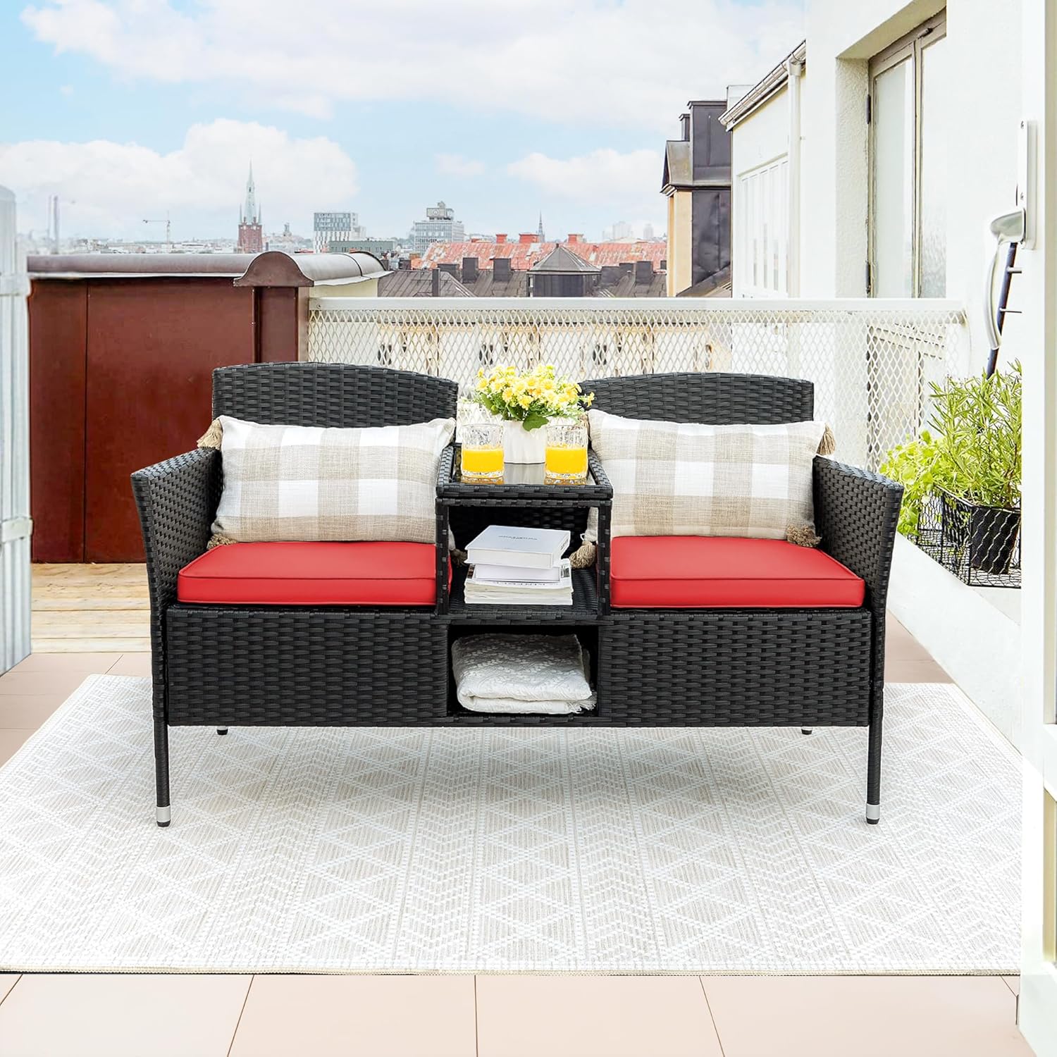 Outdoor Furniture Patio Loveseat Wicker 2-Seat with Built-in Table and Cushions Rattan Porch Chairs Bench for Balcony, Lawn, Backyard (Beige)