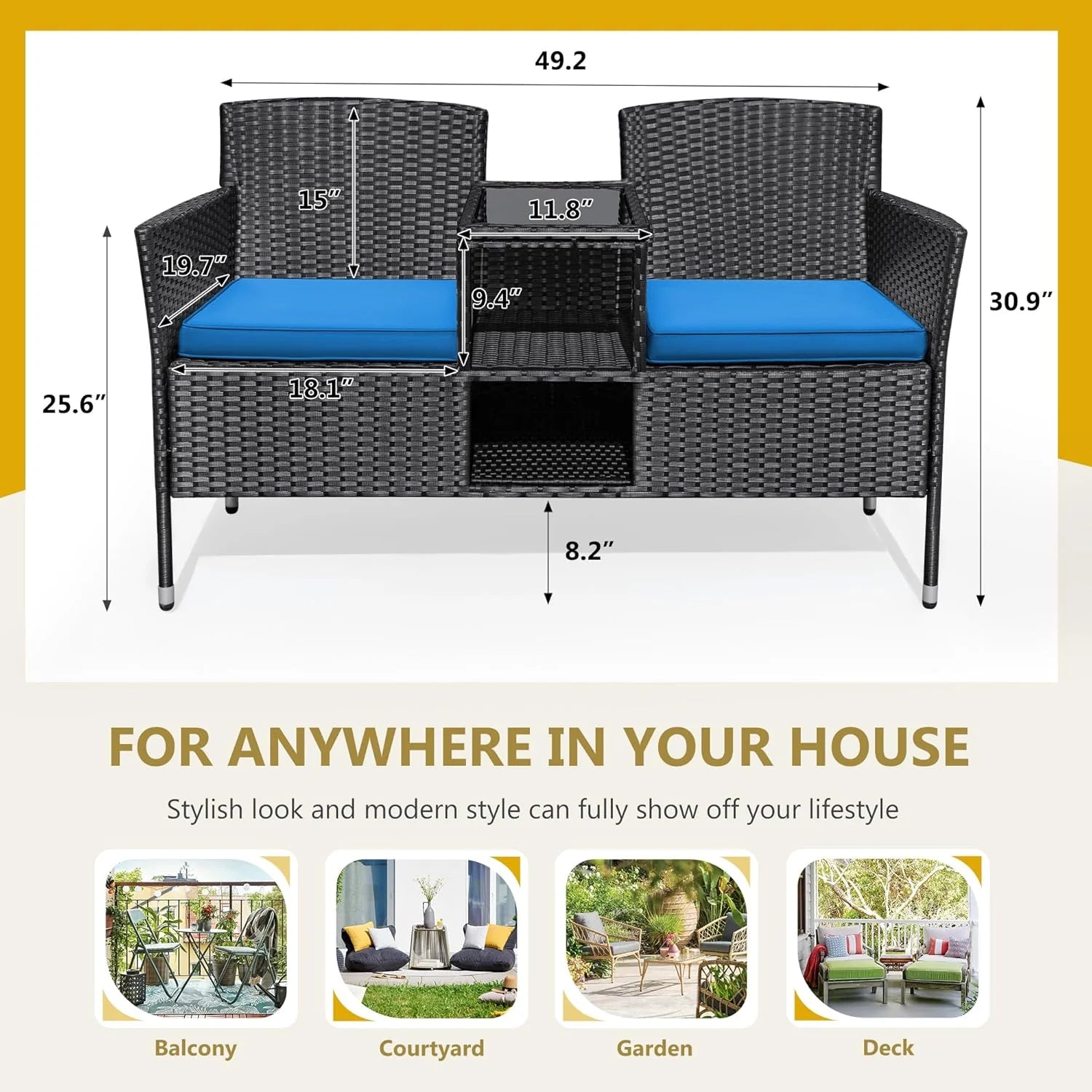 Outdoor Furniture Patio Loveseat Wicker 2-Seat with Built-in Table and Cushions Rattan Porch Chairs Bench for Balcony, Lawn, Backyard (Beige)