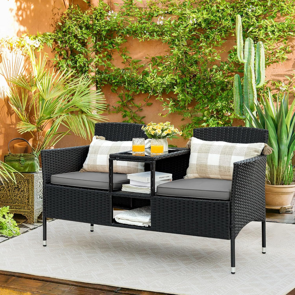 Outdoor Furniture Patio Loveseat Wicker 2-Seat with Built-in Table and Cushions Rattan Porch Chairs Bench for Balcony, Lawn, Backyard (Beige)