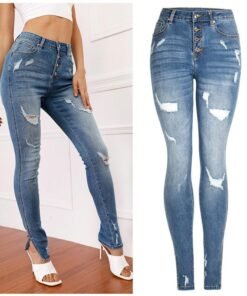 ripped mid-waist stretch jeans women's trousers pencil pants split hem destroy jeans